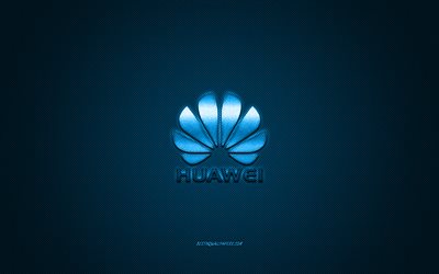 Huawei logotipo, azul brilhante de logotipo, Huawei emblema de metal, papel de parede para Huawei, textura de fibra de carbono azul, Huawei, marcas, arte criativa