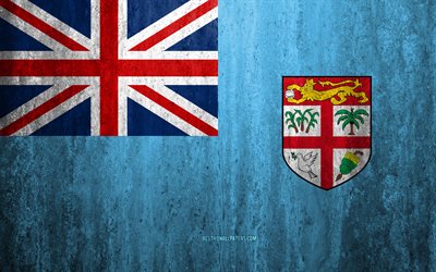 Fiji bayrağı, 4k, taş arka plan, grunge bayrak, Okyanusya, Fiji bayrak, grunge sanat, ulusal semboller, Fiji, taş doku