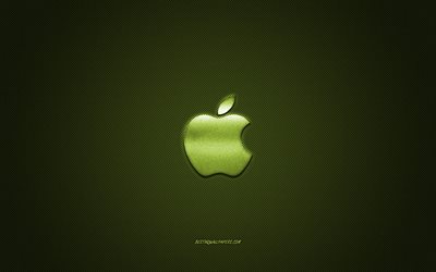 Apple-logo, vihre&#228; kiilt&#228;v&#228; logo, Apple metalli-tunnus, taustakuva Apple-&#228;lypuhelimet, vihre&#228; hiilikuitu rakenne, Apple, merkkej&#228;, creative art