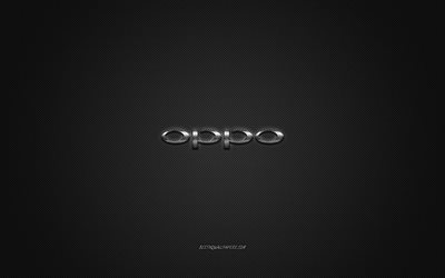 Oppo logo, silver shiny logo, Oppo metal emblem, wallpaper for Oppo smartphones, gray carbon fiber texture, Oppo, brands, creative art