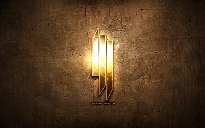 Skrillex altın logo, m&#252;zik yıldızları, kahverengi metal arka plan, yaratıcı, Skrillex logo, marka, Skrillex