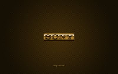 Sony akıllı telefonlar i&#231;in Sony logosu, altın parlak logosu, Sony metal amblem, duvar kağıdı, altın karbon fiber doku, Sony, markalar, yaratıcı sanat