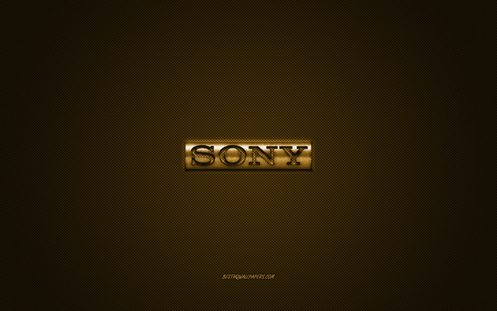 Il logo Sony, oro lucido, logo, Sony metallo emblema, sfondi per smartphone Sony, oro fibra di carbonio trama, Sony, marchi, arte creativa