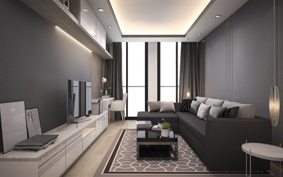 olohuone, tyylik&#228;s harmaa sisustus, harmaa sein&#228;t olohuoneessa, moderni sisustus, valkoinen huonekalut