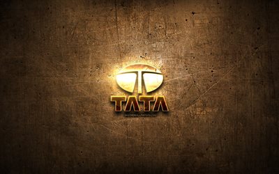 Tata golden logo, cars brands, artwork, brown metal background, creative, Tata logo, brands, Tata