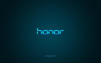 Honor logo, blue shiny logo, Honor metal emblem, wallpaper for Honor smartphones, blue carbon fiber texture, Honor, brands, creative art