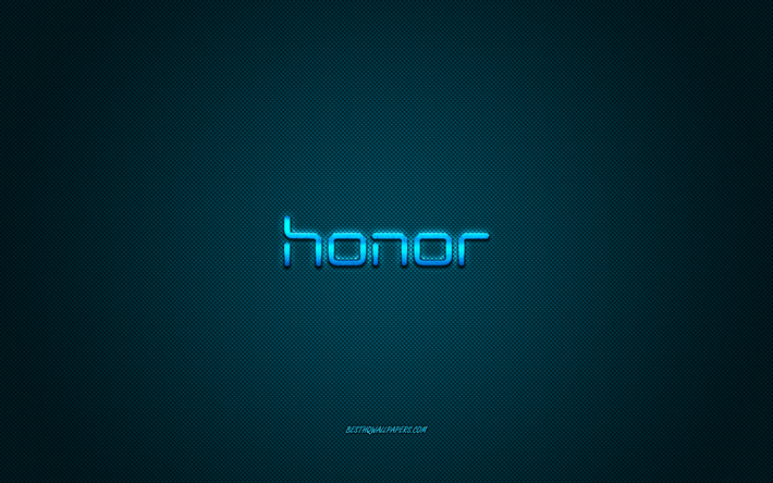 Honor logo, blue shiny logo, Honor metal emblem, wallpaper for Honor smartphones, blue carbon fiber texture, Honor, brands, creative art