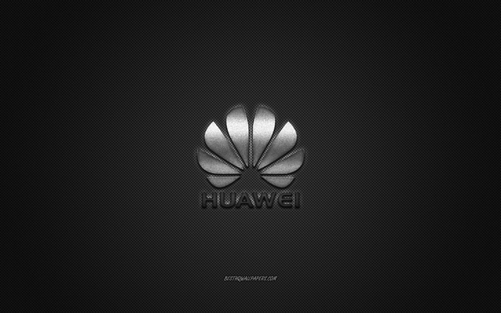 Huawei logo, silver shiny logo, Huawei metal emblem, wallpaper for Huawei smartphones, gray carbon fiber texture, Huawei, brands, creative art