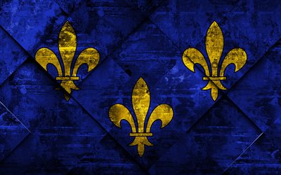 Flag of Ile de France, 4k, grunge art, rhombus grunge texture, french province, Ile de France flag, France, french national symbols, Ile de France, Provinces of France, creative art