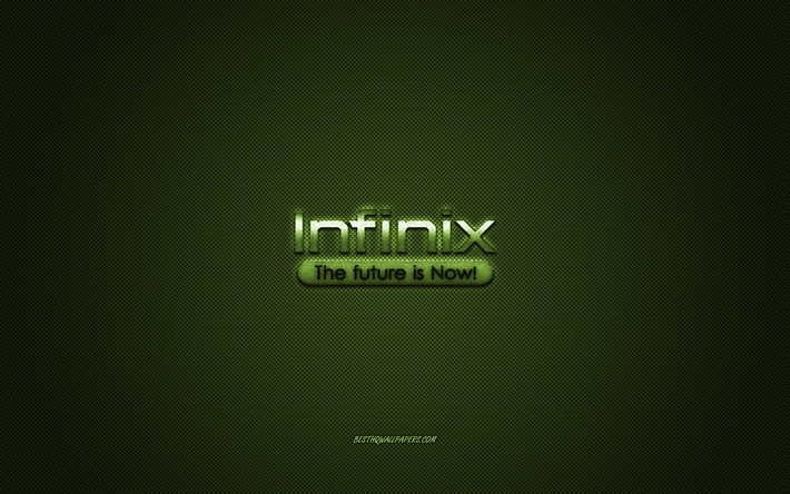 Infinix Mobile logo, green shiny logo, Infinix Mobile metal emblem, wallpaper for Infinix Mobile smartphones, green carbon fiber texture, Infinix Mobile, brands, creative art