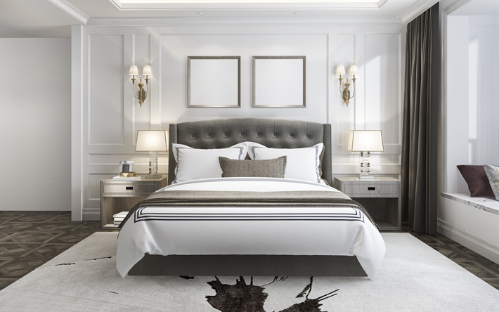 stylish interior design, bedroom, classic style, white gray bedroom, large wooden bed
