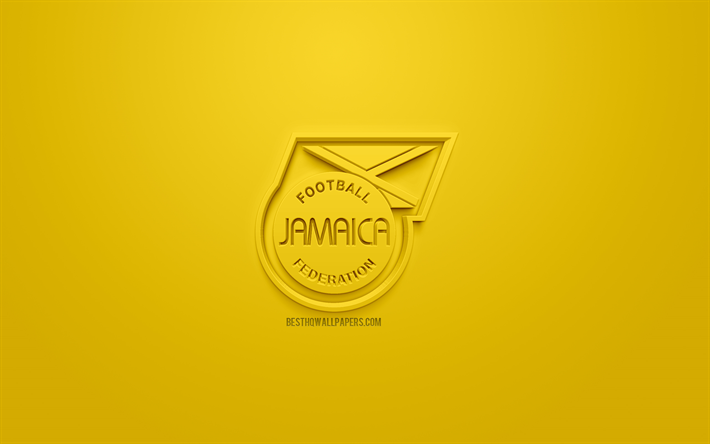 Jamaika Milli Futbol Takımı, yaratıcı 3D logo, sarı arka plan, 3d amblem, Jamaica, AFC, 3d sanat, futbol, 3d logo şık