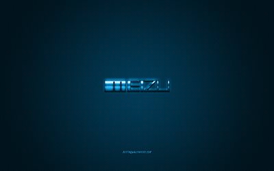Meizu logo, blue shiny logo, Meizu metal emblem, wallpaper for Meizu smartphones, blue carbon fiber texture, Meizu, brands, creative art