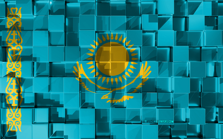 Bandiera del Kazakistan, 3d, bandiera, cubetti di grana, le Bandiere dei paesi Europei, Kazakistan 3d, arte, Kazakistan, Europa, texture 3d