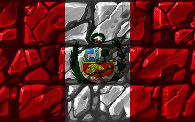 Peruanska flaggan, brickwall, 4k, Sydamerikanska l&#228;nder, nationella symboler, Flaggan i Peru, kreativa, Peru, Sydamerika, Peru 3D-flagga
