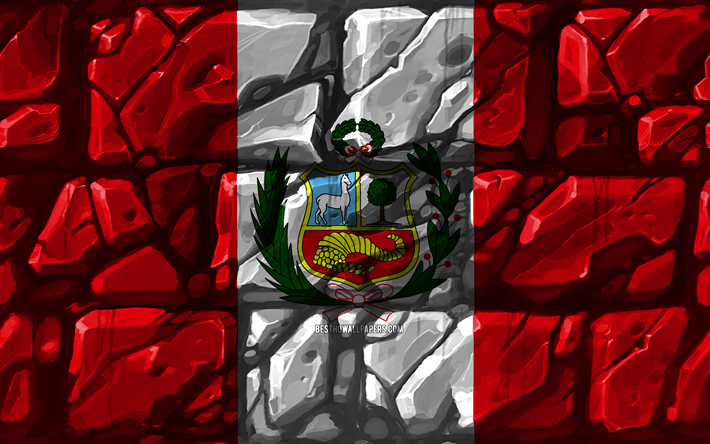 ペルーフラグ, brickwall, 4k, 南米諸国, 国立記号, 創造, ペルー, 南米, ペルーの3Dフラグ