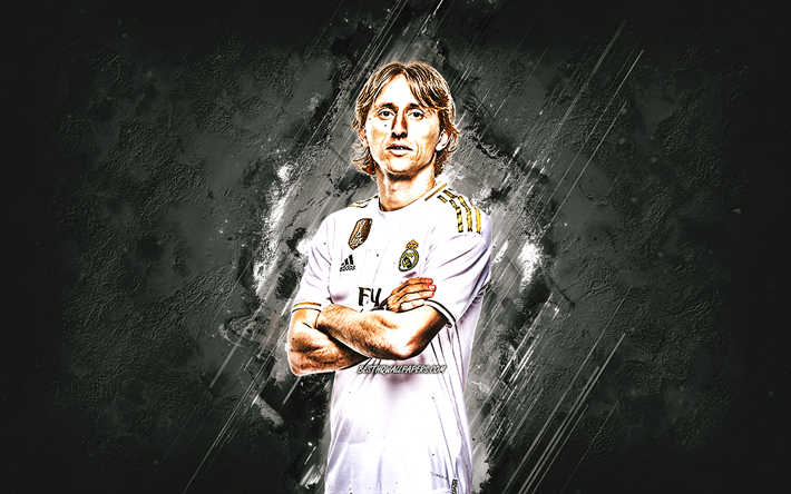 Luka Modric, Real Madrid, Kroatian jalkapalloilija, keskikentt&#228;pelaaja, Liiga, Espanja, Real Madrid 2020 jalkapalloilijat, harmaa kivi tausta, creative art, jalkapallo