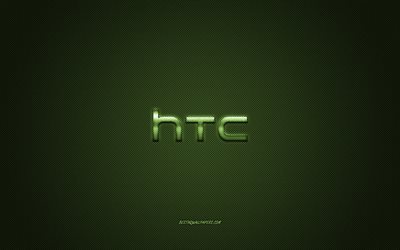 HTC-logo, vihre&#228; kiilt&#228;v&#228; logo, HTC metalli-tunnus, taustakuva HTC &#228;lypuhelimet, vihre&#228; hiilikuitu rakenne, HTC, merkkej&#228;, creative art