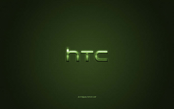 HTC logo, green shiny logo, HTC metal emblem, wallpaper for HTC smartphones, green carbon fiber texture, HTC, brands, creative art