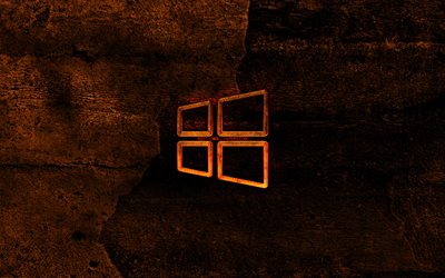 Windows 10 fiery logo, orange stone background, Windows 10, creative, Windows 10 logo, brands, Microsoft Windows 10