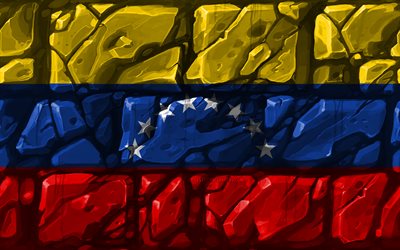 Venezuelan flag, brickwall, 4k, South American countries, national symbols, Flag of Venezuela, creative, Venezuela, South America, Venezuela 3D flag