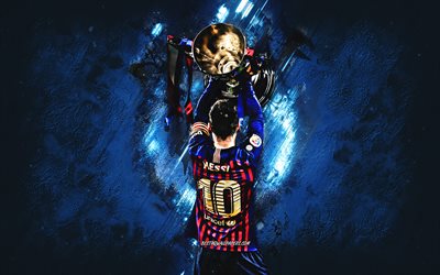 Lionel Messi, golden cup in hand, FC Barcelona, Argentine footballer, striker, football star, La Liga, Spain, Catalonia, Messi