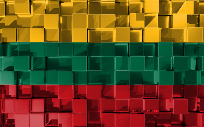Liettuan lipun alla, 3d-lippu, 3d kuutiot rakenne, Liput Euroopan maiden, Liettua 3d flag, 3d art, Liettua, Euroopassa, 3d-rakenne