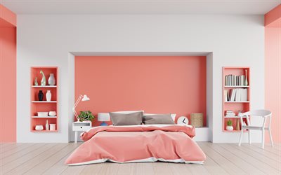 ピンクベッドルームの内装, モダンなインテリアデザイン, ベッドルーム, ピンク色の壁, おしゃれなインテリアデザイン