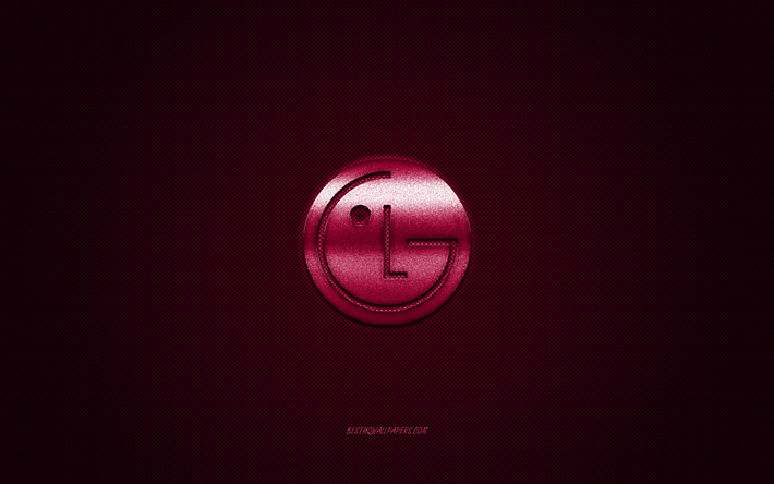 LG logotyp, lila gl&#228;nsande logotyp, LG metall emblem, tapeter f&#246;r LG smartphones, lila kolfiber konsistens, LG, varum&#228;rken, kreativ konst, LG Electronics
