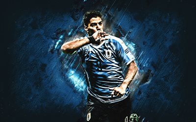 Luis Suarez, Uruguay national football team, Uruguay footballer, striker, blue stone background, creative art, Uruguay
