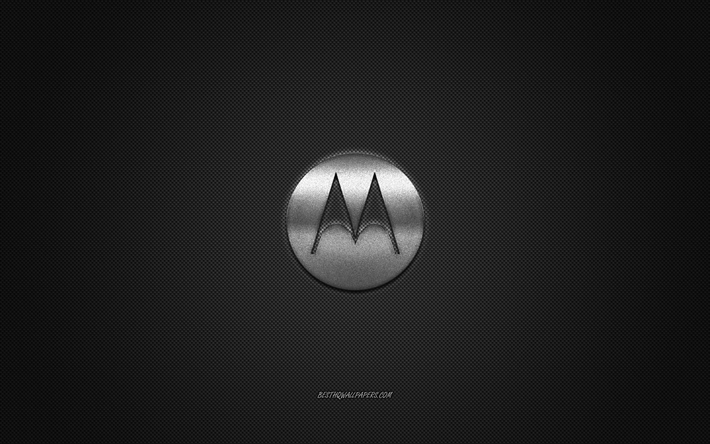 Motorola logo, silver shiny logo, Motorola metal emblem, wallpaper for Motorola smartphones, gray carbon fiber texture, Motorola, brands, creative art