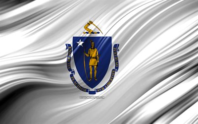 4k, Massachusetts lippu, amerikan valtioiden, 3D-aallot, USA, Lipun Massachusetts, Yhdysvallat, Massachusetts, hallintoalueet, Massachusetts 3D flag, Yhdysvaltojen