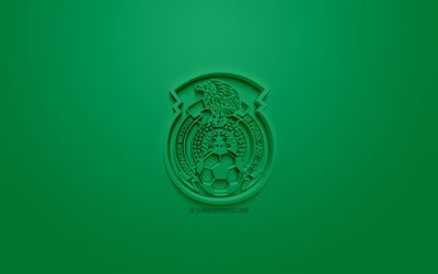 المكسيك المنتخب الوطني لكرة القدم, الإبداعية شعار 3D, خلفية خضراء, 3d شعار, المكسيك, الكونكاكاف, الفن 3d, كرة القدم, أنيقة شعار 3d