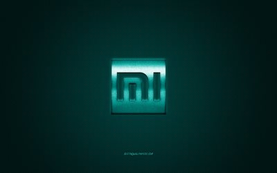 Xiaomi logo, turquoise shiny logo, Xiaomi metal emblem, wallpaper for Xiaomi smartphones, turquoise carbon fiber texture, Xiaomi, brands, creative art