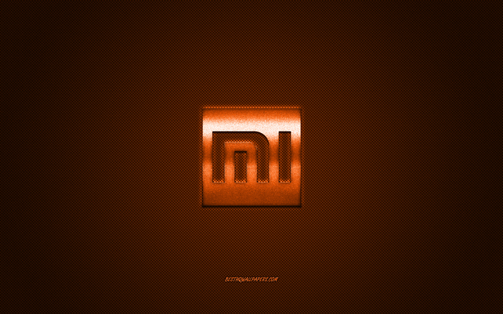 Xiaomi logo, arancio lucido logo, Xiaomi metallo emblema, carta da parati per Xiaomi smartphone, arancione fibra di carbonio trama, Xiaomi, marchi, arte creativa