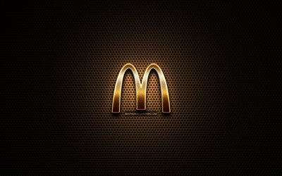 McDonalds glitter logo, creative, metal grid background, McDonalds logo, brands, McDonalds