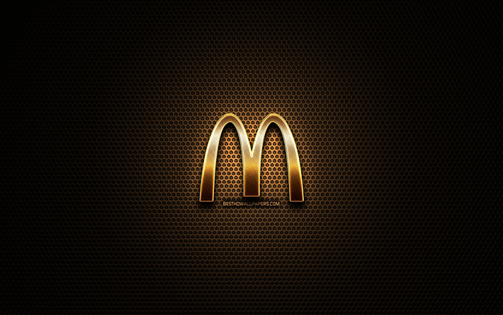 McDonalds glitter logo, creative, metal grid background, McDonalds logo, brands, McDonalds