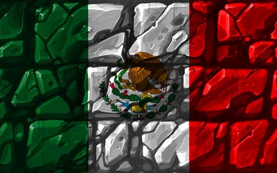 Mexican flag, brickwall, 4k, North American countries, national symbols, Flag of Mexico, creative, Mexico, North America, Mexico 3D flag