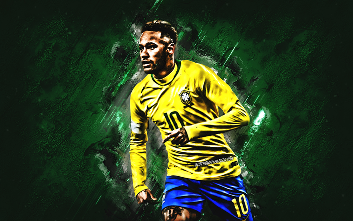 Neymar Jr, Brazil national football team, creative green background, football stars, Brazilian soccer player, striker, Brazil, Neymar