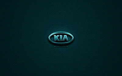 KIA glitter logo, cars brands, creative, blue metal background, KIA logo, brands, KIA