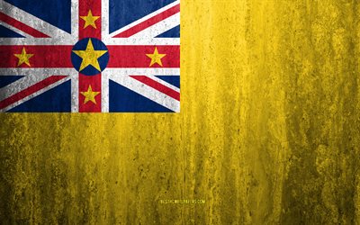Flag of Niue, 4k, stone background, grunge flag, Oceania, Niue flag, grunge art, national symbols, Niue, stone texture