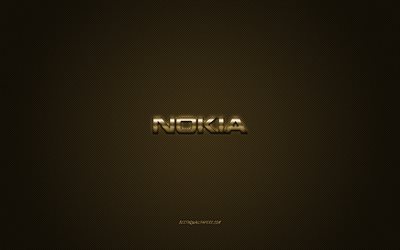 Nokia logo, parlak altın, logo, metal amblemi Nokia, Nokia akıllı telefonlar i&#231;in duvar kağıdı, altın karbon fiber doku, Nokia, marka, yaratıcı sanat