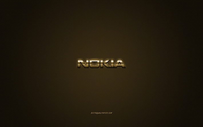 Nokia logo, gold shiny logo, Nokia metal emblem, wallpaper for Nokia smartphones, gold carbon fiber texture, Nokia, brands, creative art