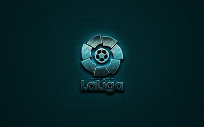 LaLiga glitter logo, creative, La Liga, blue metal background, LaLiga logo, football leagues, LaLiga