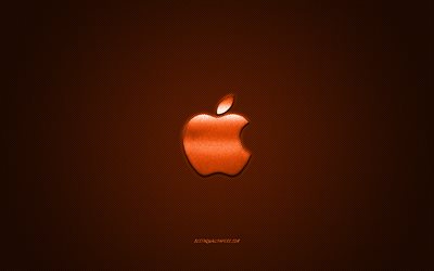 Apple logo, orange shiny logo, Apple metal emblem, wallpaper for Apple smartphones, orange carbon fiber texture, Apple, brands, creative art