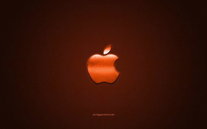 Apple logo, orange shiny logo, Apple metal emblem, wallpaper for Apple smartphones, orange carbon fiber texture, Apple, brands, creative art