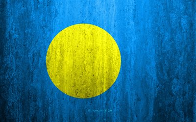 Flag of Palau, 4k, stone background, grunge flag, Oceania, Palau flag, grunge art, national symbols, Palau, stone texture
