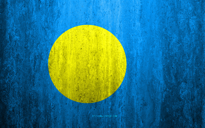 Flag of Palau, 4k, stone, antecedentes, grunge flag, Ocean&#237;a, Palau indicador, grunge, estilo, s&#237;mbolo nacional, Palau, stone texture