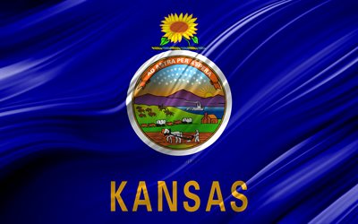 4k, Kansas flag, american states, 3D waves, USA, Flag of Kansas, United States of America, Kansas, administrative districts, Kansas 3D flag, States of the United States