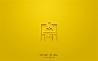 konferans odası 3d simgesi, sarı arka plan, 3d semboller, konferans odası, iş simgeleri, 3d simgeler, konferans odası işareti, iş 3d simgeleri